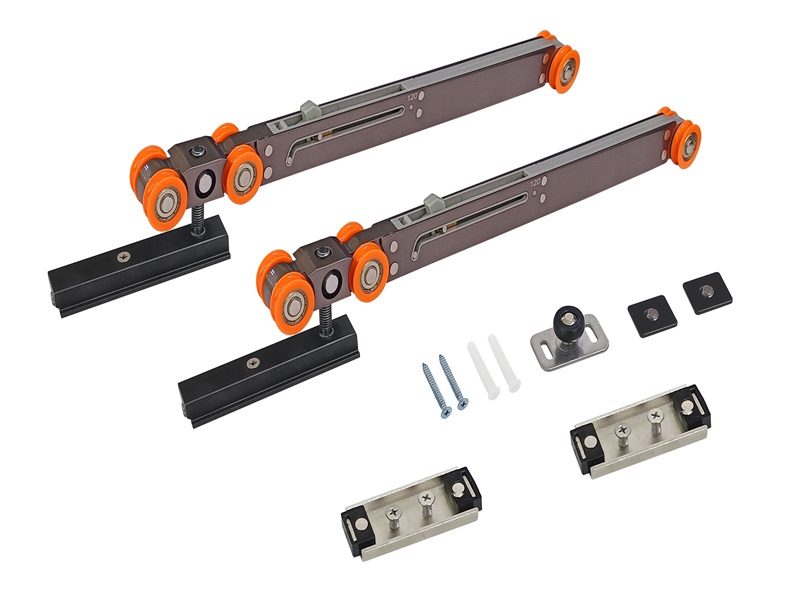 Synchronized sliding frameless glass door hardware kit