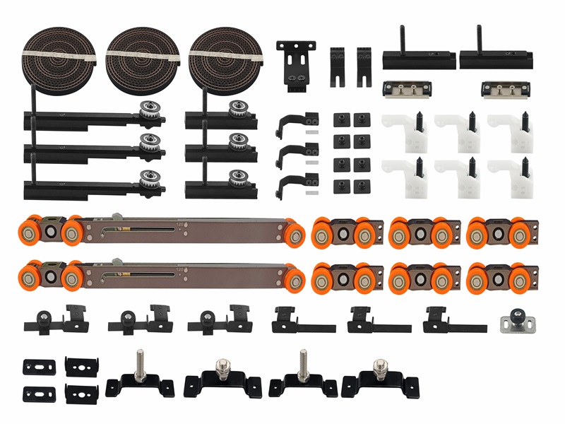 Synchronized sliding door hardware kit