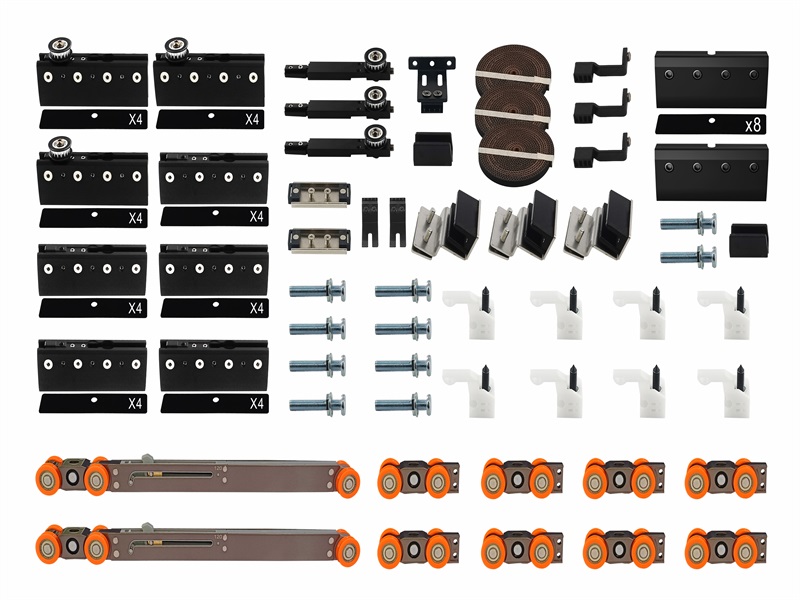 Synchronized sliding frameless glass door hardware kit